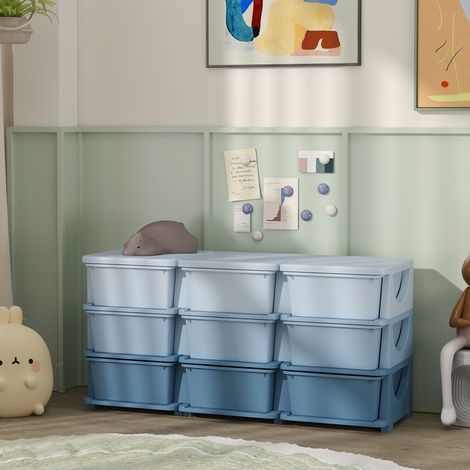 Boîte de rangement pour enfants, 9 tiroirs, bleue