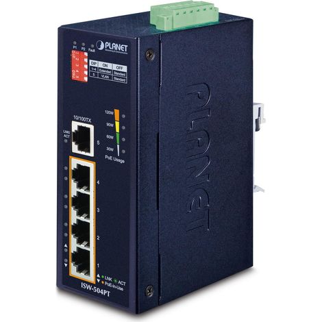 Planet IP30 Switch industriale a 5 porte/TP POE+, modello ISW-504PT