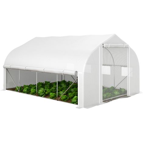 Serre tunnel de jardin 12 m², serre de jardin tunnel avec porte et 8 fenêtres, bâche PE 140 g/m² 400 x 200 x 200cm blanc
