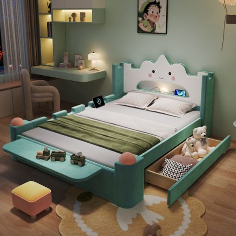 Lit enfant nuage 140x200cm avec liseuse LED,USB,tiroir réversible tablette rabattable et garde-corps en velours bleu-vert (1/5)