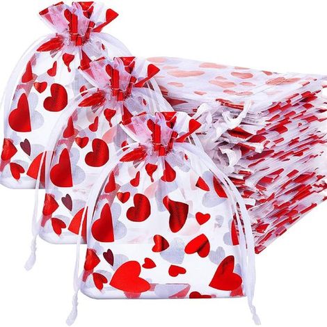 Bolsas de regalo de organza (100 unidades), Organza roja con estampado de corazones, Bolsas para joyas, 8 x 10 cm, cumpleaños, etc, Rojo, blanco (1/5)