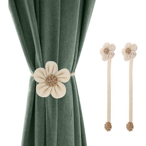 Magnetische Vorhang-Raffhalter mit Schnallen, [2er-Pack] Sonnenblumen-Dekorativer Leinen-Raffhalter mit geflochtener Schnur, große magnetische Vorhang-Raffhalter mit Kordel, Heimdekor-Zubehör – Weiß + (1/5)