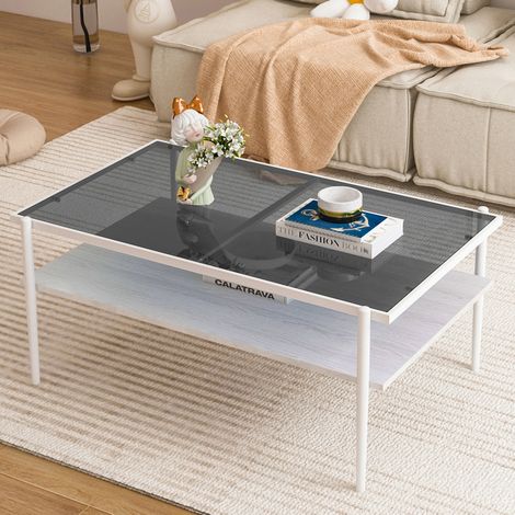 Table basse rectangulaire en verre trempé, pieds en métal, 97,5 x 61,5 x 45 cm, gris et blanc (1/5)