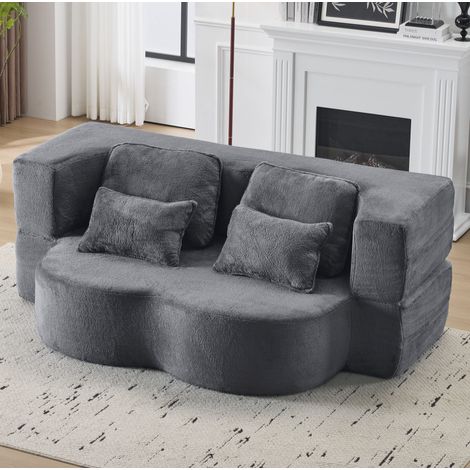 Bodensofa blau-grau aus Plüschstoff mit Schaumstoff und Federkern, klappbar mit 4 Kissen (1/5)