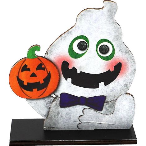 Support En Bois - Décoration De Table Halloween - Fantôme Dessiné Avec Citrouille - Dimensions 10 X 4 X 12 5 Cm - 1 Pièce (1/3)