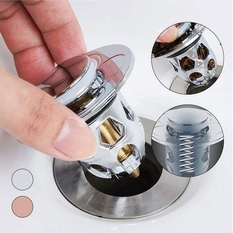 Bouchon Lavabo Universel - 1 pièce, Inox Poussoir Argent Filtre Aucuneary