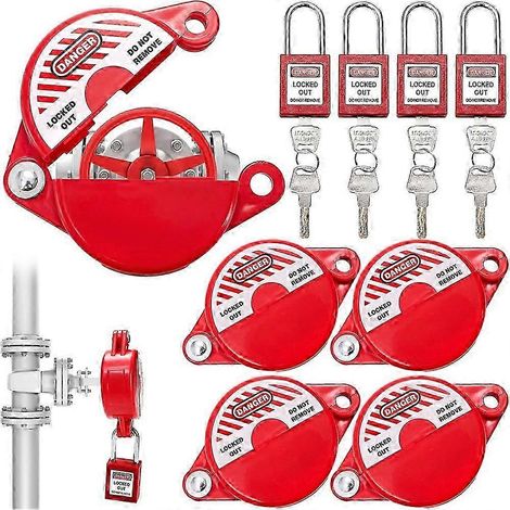 Un ensemble de 4 dispositifs de verrouillage de robinet et cadenas de sécurité pour vannes à guillotine rotatives, compatibles avec les poignées de vanne de 1 à 2-12 pouces de diamètre. (1/5)