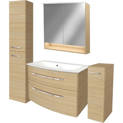 Fackelmann B.STYLE Badmöbel Set mit Waschbecken mit Unterschrank 80 cm breit – LED-Spiegelschrank – Midischrank und Hochschrank in Holz braun – Badezimmermöbel in Sandeiche Holzoptik"-"90199145 (1/5)