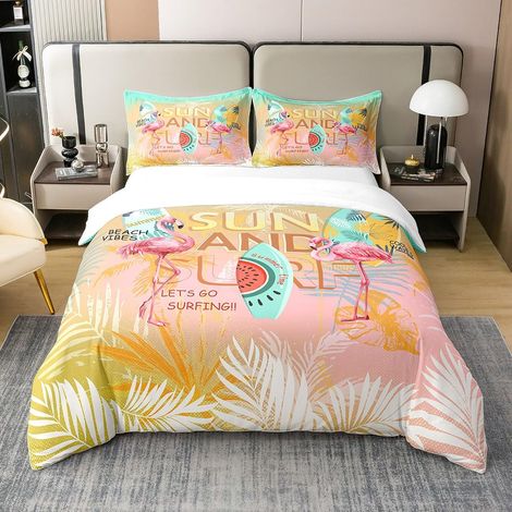Parure de lit Thème hawaïen 100 % coton naturel Rose Pour enfants Planche de surf Motif vagues Housse de couette 155 x 220 cm Décoration de chambre à coucher (1/5)