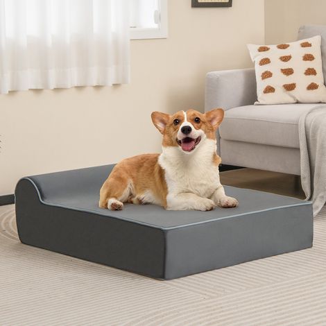 Lit pour Chien Orthopédique, Canapé Chien Chat en Mousse à Mémoire, Rebord, Housse Amovible Lavable, Fond Antidérapant, 100 x 81 x 31 cm, Gris (1/5)