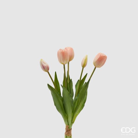 EDG Enzo De Gasperi Bouquet 5 Tulipani con Foglie Artificiali H 40 Cm Pink