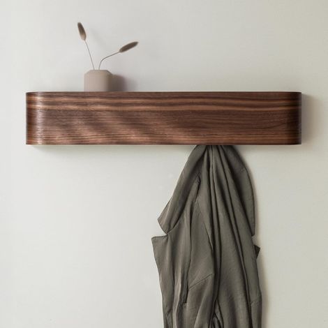 Étagère murale - porte-manteau avec crochets - porte-manteau - étagère de rangement - crochets dissimulés - bois - noyer (1/5)
