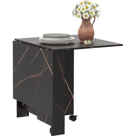 Table à manger pliable sur roulettes avec 2 rallonges rabattables – Jusqu'à 6 personnes – Finition marbre – 120 x 80 x 73 cm – Noir