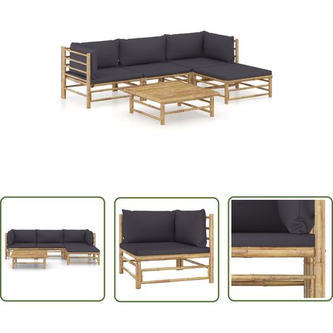 The Living Store Salon de jardin 5 pcs avec coussins gris foncé bambou - Salon De Jardin - Mobilier De Jardin - Set De Salon - Meubles De Jardin - Bambou (1/5)