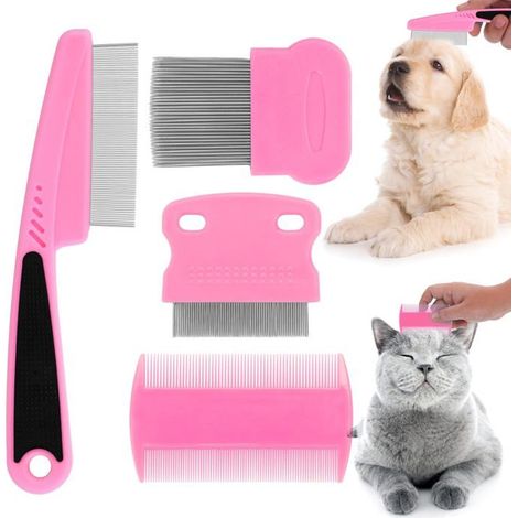 Set 4 peignes anti-puces et anti-larmes pour chiens et chats - acier inoxydable & plastique, rose (1/5)