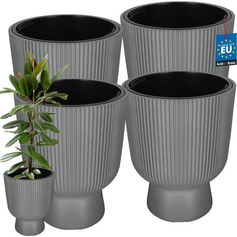 KOTARBAU® Lot de 4 Pot de Fleur - Pot Plastique Plante Ø 39 cm - avec Bac Intérieur -  Pot de Jardin - Pot de Fleur Exterieur -  H : 49 cm - PVC - Gris - Nervuré (1/4)