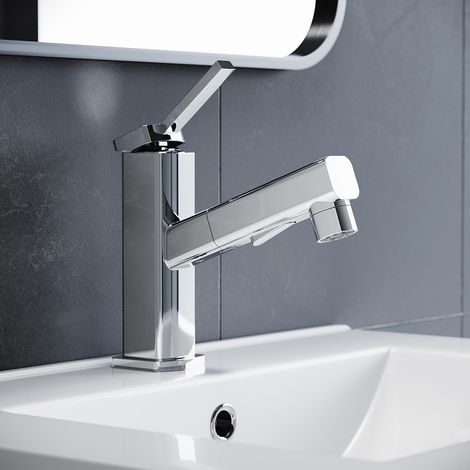 ELEGANT Pull-Out Basin Mixer Tap, Chrome Bathroom Basin Tap with Dual Spray Modes, Top Rinsing Outlet & 360° Pull-Down Sprayer (1/5)