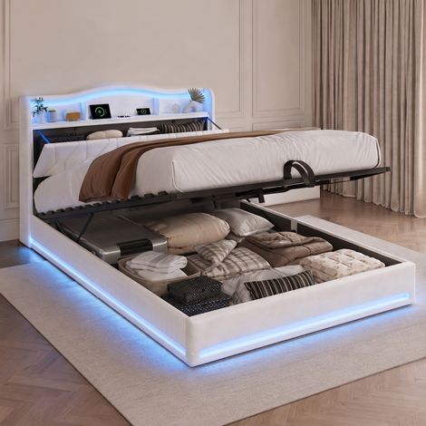 Lit coffre 160x200 cm, lit double avec rangement tête de lit et LED intelligent, cadre de lit hydraulique en tissu bouclette doux avec USB, Beige (1/5)