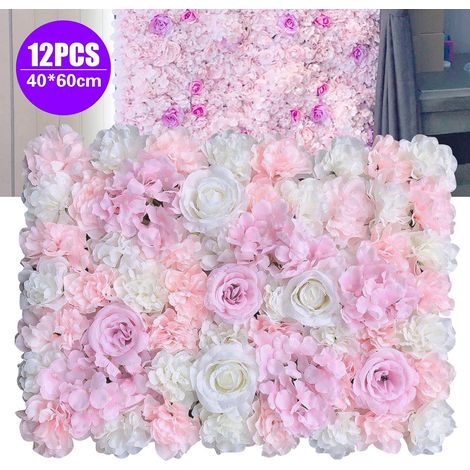 Lot de 12 panneaux muraux floraux artificiels, roses artificielles blanches et roses, fond floral, décoration murale pour décoration florale, fête, mariage (40 x 60 cm) (1/5)