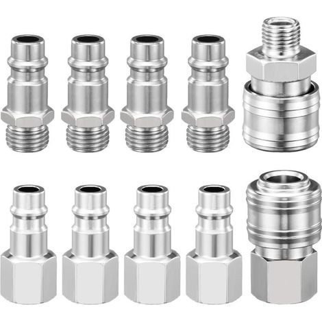 Conector rápido neumático BSP de 1/4" – Paquete de 10 – Acero galvanizado – Conexión rápida para herramientas neumáticas (1/5)