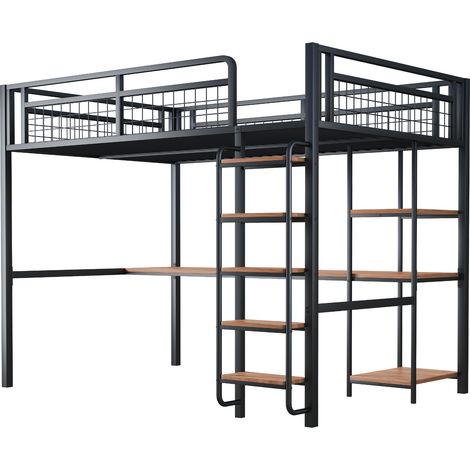 Lit mezzanine métallique 140 x 200 cm, échelle de sécurité avec escalier, lit enfant avec table et étagère, lit ado et adulte, garde-corps de sécurité en métal, noir