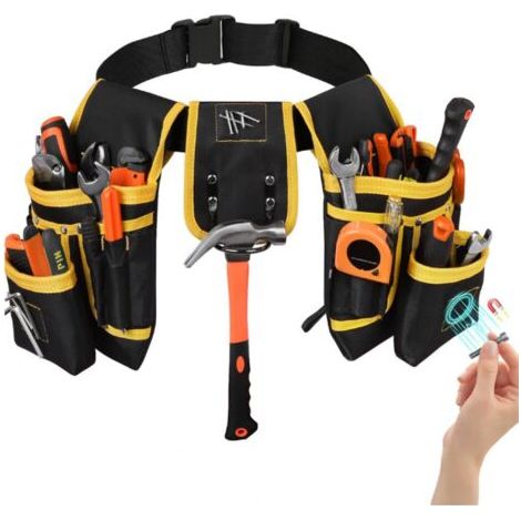 QORVA-Ceinture porte-outils noire et jaune, sac à outils magnétique, ceinture rembourrée robuste pour hommes, 26 poches, poches à outils amovibles et réglables, pour électriciens, charpentiers (1/5)