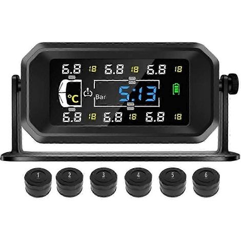 Système de surveillance de la pression des pneus (TPMS) solaire pour voitures, camping-cars et camions (6 roues), avec horloge et capteur de température. (1/4)