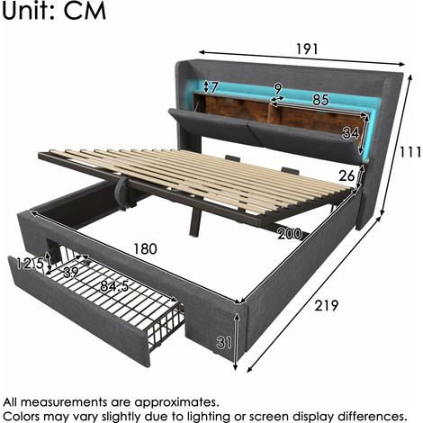 Lit capitonné 180x200 cm avec rangement hydraulique et tête de lit avec compartiment de rangement, éclairage LED et ports USB et USB-C, sommier à lattes en bois, gris, lin, sans matelas (1/4)