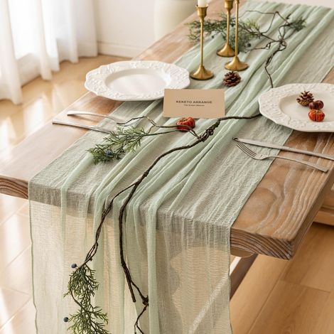 Chemin de Table en Gaze de Coton Vert Sauge, 80x300 cm, Lavable (1/5)