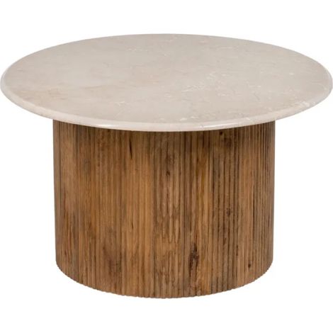 Table basse ronde 76 cm crème et bois strié, plateau marbre naturel veiné à l'aspect unique AURA
