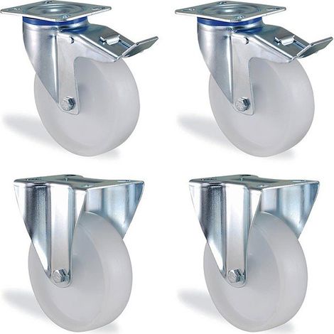 Lot roulettes fixe et pivotante à frein polypropylène blanc diamètre 80mm charge 300kg