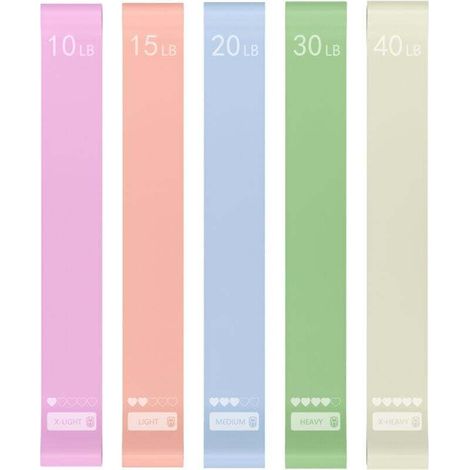 Bande de résistance en lot de cinq pour exercices, bande élastique de Pilates pour la kinésithérapie et le yoga, bande de mouvement élastique pour les hanches et les jambes (10 lb, 15 lb, 20 lb, 30 lb