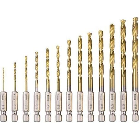 Foret Hélicoïdal en 13Pcs Forets Hexagonaux en Acier Rapide avec Revêtement en Titane 1,5 Mm - 6,5 Mm pour Perçage du Bois/Métal/Plastique (1/5)