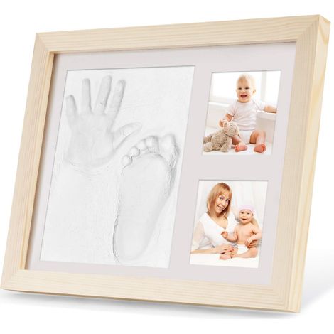 MINKUROW Handabdruck und Baby-Fußabdruck, Baby-Fotorahmen aus Holz mit Pflaster, Baby-Fuß- oder Handabdruck-Set, Baby-Handabdruck, ideales Babyparty-Geschenk – Andenken für die Ewigkeit (1/5)