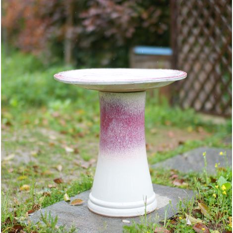 Vasca per uccelli Ø 43 cm, altezza 45 cm, a colonna, resistente al gelo, ceramica bianca e rosa (1/5)