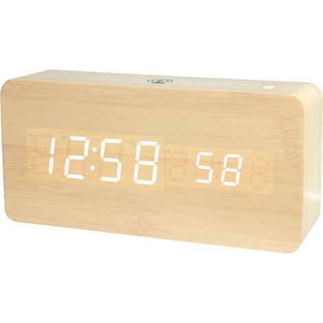 Orologio intelligente a LED in legno, visualizza ora/temperatura/data, 4 livelli di luminosità, controllo vocale, USB/batterie, bambù/legno (batterie non incluse)