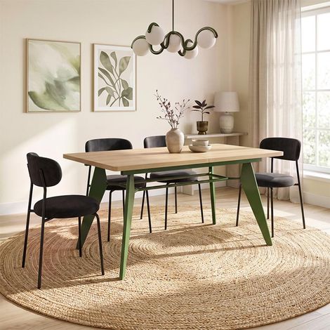 Table à manger extensible 140/180cm pieds métal kaki et plateau finition chêne MELOE (1/5)