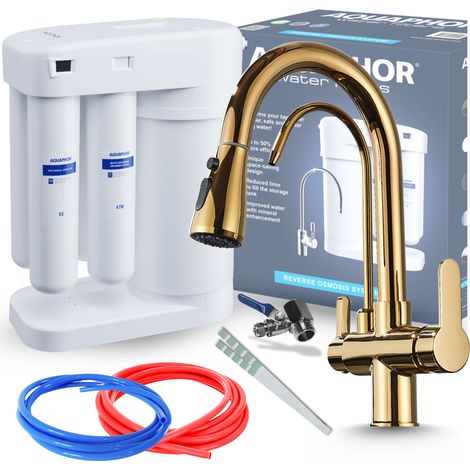 Conjunto de filtro de agua potable por ósmosis inversa Aquaphor Morion 101S + grifo de cocina nórdico de tres vías - Oro brillante (1/5)