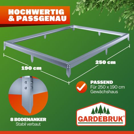 GARDEBRUK® Fundament für Gewächshaus Stahl verzinkt Sockel Stahlfundament Rahmen inkl. Montagematerial Bodenverankerung  250x190cm