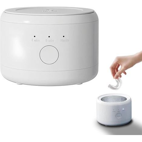Limpiador ultrasónico pequeño para uso doméstico，Con 3 modos de limpieza，Apto para prótesis dentales，aparatos de ortodoncia y joyas (Blanco) (1/5)