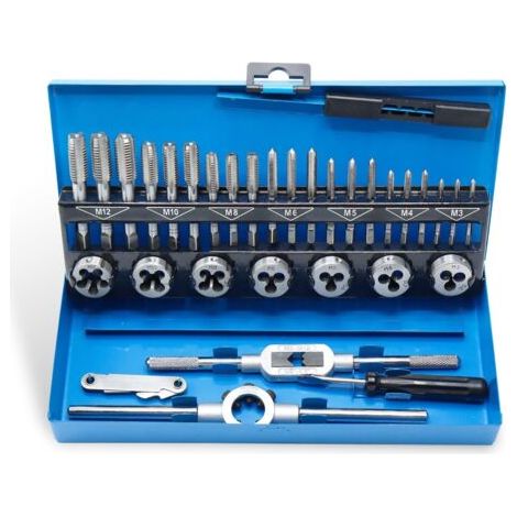Coffret tarauds et filières 32 pièces – Tailles M3 à M12 – 21 tarauds, 7 filières, 1 jauge de filetage – Pour filetage métal précis - M3-M12