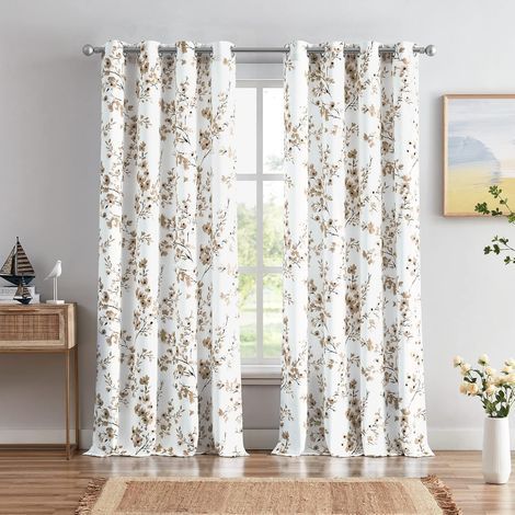Set mit 2 dekorativen Ösenvorhängen mit floralem Muster für Wohnzimmer, Landhausstil, 132 x 213 cm, Aprikosen- und Kaffeeblütenmuster (1/5)