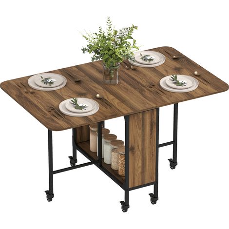 Klapptisch mit 6 Rollen und Ablage, Industriestil, Holz und Metall, Hellbraun