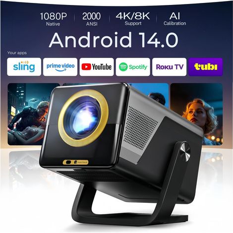 2000 ANSI Smart Vidéoprojecteur Assistant Vocal IA/Contrôle App/Hi-FI Audio X7 Intelligent Projecteur 1080P Natif Compatible 4K, Auto Focus/Keystone,Android 14/WiFi/Bluetooth, 200" Display,Noir-Or Lu (1/5)
