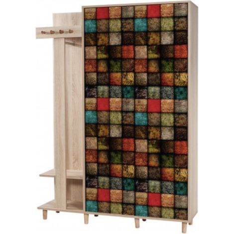 Meuble d’entrée avec armoire et porte manteaux bois clair et damier multicolors Kiza 723 (1/5)