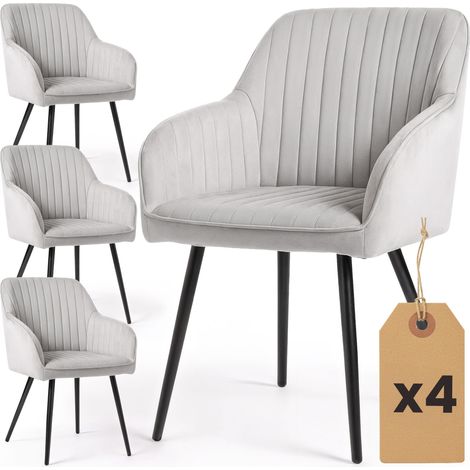 Lot de 4 Chaises en velours à surpiqûres FLORENCE Gris pieds noirs (1/5)
