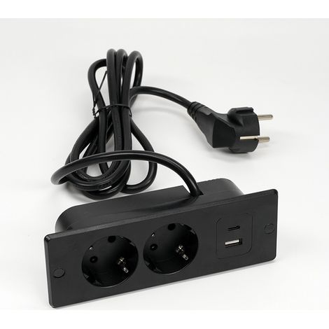 Flache Doppelsteckdosenleiste 1,5 m x 1 m, zweifach versenkte Steckdose, Steckdosenleiste mit zwei USB-Anschlüssen, Tischsteckdose, geeignet für Büros, Werkbänke und Konferenztische.