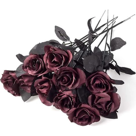 Lot de 10 roses artificielles noires en soie, bouquets de roses artificielles pour mariage, noir (D-4) rouge-AquaForge (1/4)