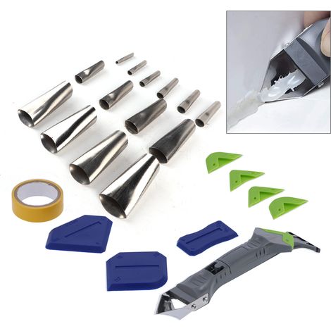 Ensemble d'outils pour l'application de mastic d'étanchéité pour portes et fenêtres (24 pièces) comprenant une buse en acier inoxydable, un grattoir à colle pour verre, un dissolvant de colle et un ap (1/5)