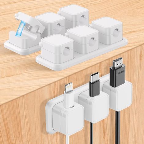 Clips Câble Organisateur Bureau, 3Pcs Organisateurs de Câbles Magnétiques avec Base Fixe, Range Câbles Silicone Fixe pour Câbles de Chargeur/Souris/Écouteur/Ustensiles de Cuisine, Blanc (1/5)